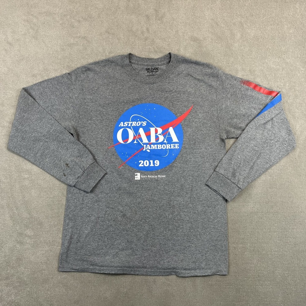 Gildan NASA Style Astro's OABA Jamboree 2019 Shirt Mens Medium Grey Long Sleeve